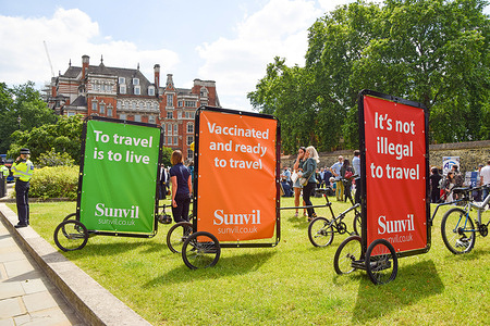 Banners seen outside the parliament during the Travel Day Of Action protest in London.
Travel industry professionals gathered in Westminster demanding that the government opens international travel and provides support for the overseas travel industry, which has suffered greatly as a result of the coronavirus crisis. 
