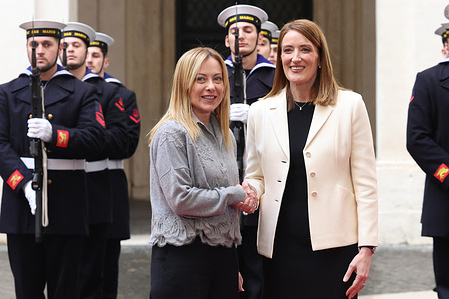 Italian Prime Minister Giorgia Meloni receives the President of the European Parliament, Roberta Metsola at Palazzo Chigi for a comparison of the main European issues.