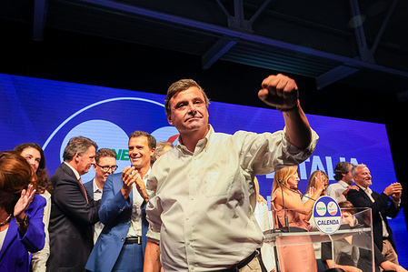 Leader of Italian party Azione (Action), Carlo Calenda gestures during the launch of the campaign of the Terzo Polo within the group of Renew Europe, ahead of Italy's September 25 general elections.