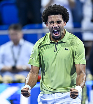 Arthur Fils of France celebrates after winning against Jakub Mensik of Czech Republic during their men's singles Semifinal match at the ATP Qatar Exxonmobil Open 2026 tennis tournament at the Khalifa International Tennis Complex. Arthur Fils won against Jakub Mensik 6-4,7-6.   Final score Arthur Fils won Jakub Mensik 6-4, 7-6.  