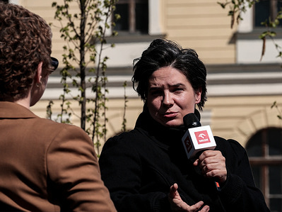 A film director Agnieszka Smoczyńska speaks during a meeting after the screening of Gorky Resort (working title of the movie) during the Mastercards OFF Camera film festival.