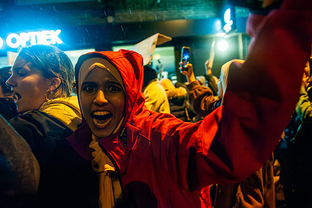 A protester shouts right to the camera in support of Palestine during the demonstration Around 800 protesters walked around the city center to condemn the government of Israel and express their solidarity with the Palestinian people. This Pro Palestinian demonstration was one of the biggest demonstrations organized in the city.