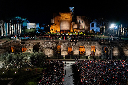 General view of the Colosseum Square and Palatino hill seen during the Way of the Cross (Via Crucis) procession of Good Friday.