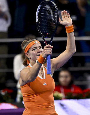 Karolina Muchova of the Czech Republic celebrates winning a point against Victoria Mboko of Canada (not in view) during their women’s singles final match at the WTA Qatar TotalEnergies Open 2026 tennis tournament at the Khalifa International Tennis Complex. Karolina Muchova won against Victoria Mboko 6-4,7-5.