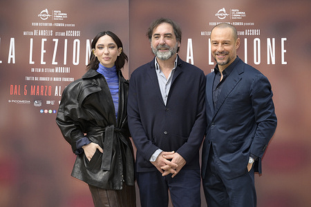 Matilda De Angelis (l), Stefano Mordini (c) and Stefano Accorsi (r) attend a photocall the movie La Lezione at Casa del Cinema Villa Borghese.