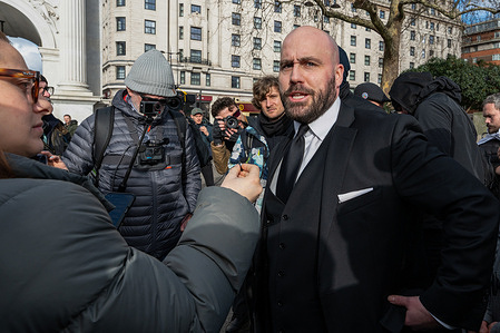 UK Independence Party (UKIP) leader Nick Tenconi seen during the march. Supporters of the UK Independence Party (UKIP) took part in a religious march through central London, assembling at Marble Arch before proceeding along Oxford Street toward Trafalgar Square. The procession, promoted as a Christian prayer march, was led by UKIP figure Nick Tenconi, with participants carrying crosses, Christian symbols, and reciting prayers and devotions.