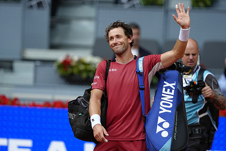 Casper Ruud of Norway waves at the fans after the Men’s Singles quarter-final match against Alexander Blockx of Belgium (not in view) at the 2026 Mutua Madrid Open at La Caja Magica.