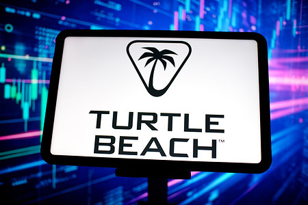 In this photo illustration, the Turtle Beach logo is displayed on the screen of a tablet.