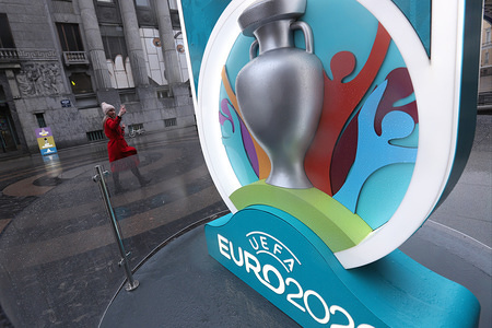 A Logo of the UEFA Euro 2020 is seen at a countdown clock.