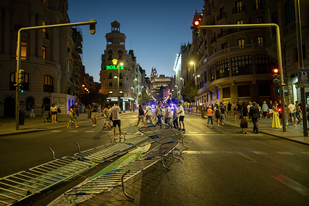 Barricades are seen on the road on GranVia Street during the demonstration. While the 21st stage of the Vuelta a España was canceled. The Vuelta a España was marked by protests in support of the Palestinian people.