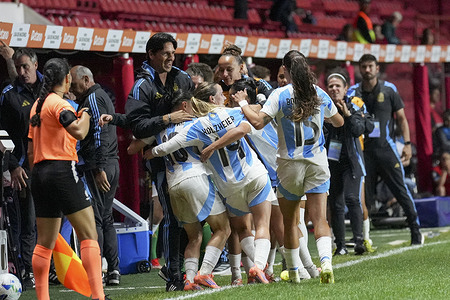 Argentina team celebrates a goal during the first match of Conmebol Nation League Championship 2025, between Argentina and Paraguay at Diego Armando Maradona Stadium. Final scores; Argentina 3 - 1 Paraguay.