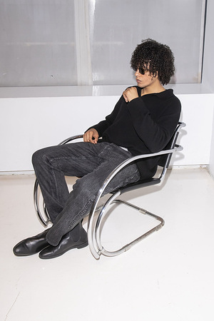 A model poses at the fashion presentation of Max Esmail at Location05 during the New York Fashion Week 2025.