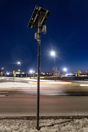 Flock Safety camera on Berdan Avenue near the roundabout with Jeep Parkway in Toledo. The city of Toledo approved a three year $846,000 contract with Flock Group Inc. in November of 2025, $282,000 annually, but the ubiquity of Flock surveillance systems, roughly 80,000+ cameras, in the United States raises questions about privacy and data security.