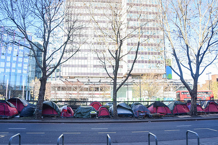 Tents line Euston Road opposite Warren Street Station at the 'tent village' as homelessness keeps rising in the capital.