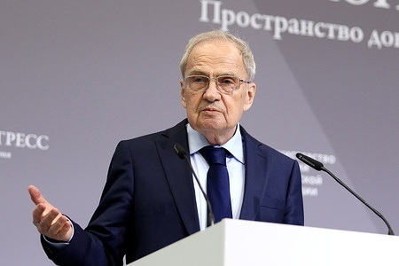 Valery Zorkin, Chairman, Constitutional Court of the Russian Federation attends the "The Thorny Path to the Rule of Law" lecture during the St. Petersburg International Legal Forum at the Expoforum Convention and Exhibition Center.