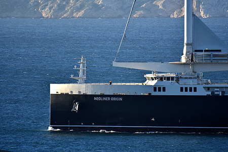 The Neoliner Origin sailing ro-ro cargo ship, using wind as its main propulsion, arrives at the French Mediterranean port of Marseille.