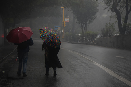 DELHI, INDIA, JANUARY 8, 2020:
People using umbrellas during light rain in Delhi road.