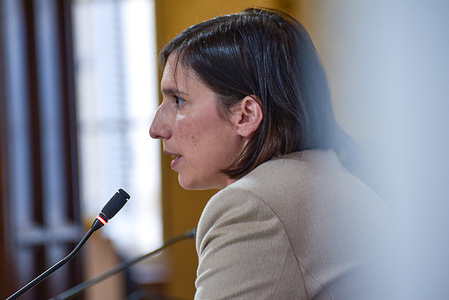 Democratic Party Secretary Elly Schlein speaks during a press conference at the Foreign Press Association. Schlein comments on the defeat of the government-backed constitutional reform on separation of careers between judges and prosecutors, rejected by Italian voters on March 22-23, and discusses the future strategy of the center-left coalition.