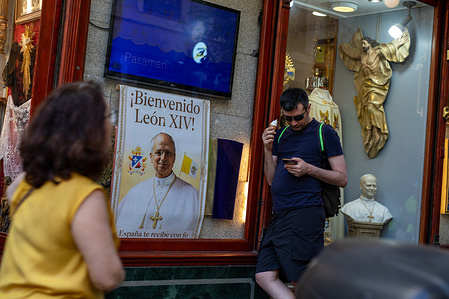 An image of Pope Leo XIV is seen in a shop window in the center of Madrid. Madrid is preparing to receive the visit of Pope Leo XIV, who will arrive in the Spanish capital this Saturday, June 6.