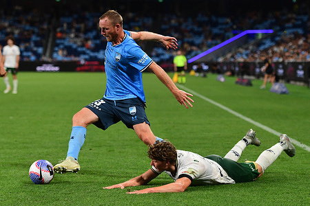 Rhyan Bert Grant (L) of the Sydney FC team and Lucas Mauragis (R) of the Newcastle Jets team are seen in action during the Men's A-League 2023/24 season round 13 match between Sydney FC and Newcastle Jets held at the Allianz Stadium in Sydney, New South Wales ( NSW). Finals score; Sydney FC 4:0 Newcastle Jets.