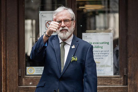 Gerry Adams arrives at court today to give evidence in his civil trial at the Royal Courts of Justice. He stands accused of being directly responsible for IRA bomb attacks in London and Manchester in 1973 and 1996. Adams denies being the ‘de facto’ leader or a member of the IRA. The case concludes tomorrow.
