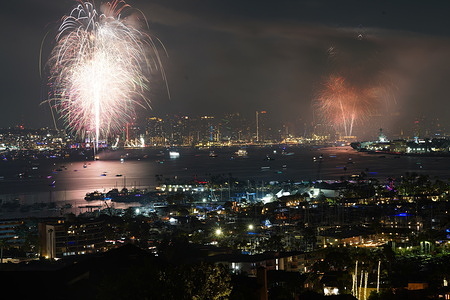 Fireworks light up the skies over the San Diego Bay. Colourful bursts of fireworks light up the San Diego skyline on the night of July 4, drawing thousands of spectators to the waterfront and mountains near the San Diego Bay. Families, couples, and visitors gathered along the bay to celebrate Independence Day with one of Southern California’s most iconic pyrotechnic displays.