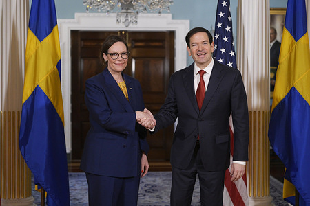 US Department of State Secretary Marco Rubio and Swedish Foreign Minister Maria Malmer Stenergard seen before the bilateral meeting, at Treaty Room/Department of State in Washington DC.