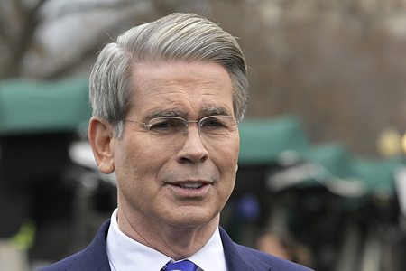 US Secretary of Treasure Scott Bessent, speaks about the tariffs good for the economy during a gaggle with journalist, at Stake Out/White House in Washington DC, USA.