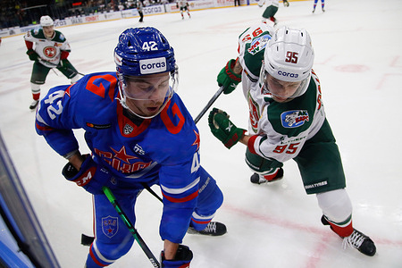 Mikhail Vorobyov (No.42) of SKA Saint Petersburg and Artyom Galimov (No.95) of Ak Bars Kazan are seen in action during the 2021-22 KHL Regular season of the Kontinental Hockey League between SKA Saint Petersburg and Ak Bars Kazan at the Ice Sports Palace.(Final score; SKA Saint Petersburg 1:3 Ak Bars Kazan).