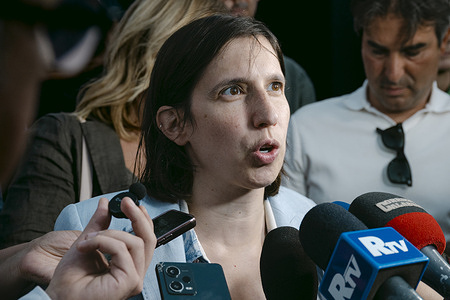 Elly Schlein seen talking with the public. The national secretary of the Democratic Party (Partito Democratico, PD) Elly Schlein attended the talk with journalist Tommaso Labate at Magna Graecia Film Festival held at Arena Lungomare in Soverato.