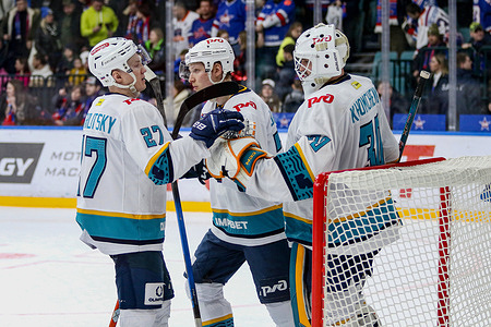 Dmitry Kagarlitsky (27), Pavel Khomchenko (30) of Sochi Hockey Club seen in action during the Hockey match, Kontinental Hockey League 2025/2026 between SKA Saint Petersburg and Sochi at the Ice Sports Palace. (Final score; SKA Saint Petersburg 1:2 Sochi).