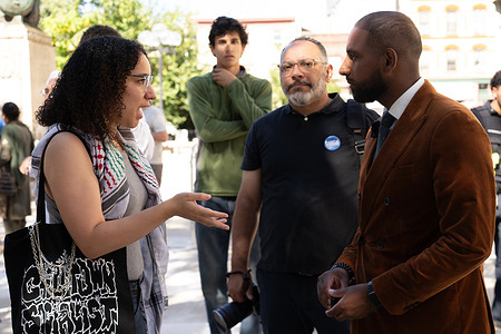 Jersey City Mayoral Candidate Mussab Ali (R) speaks to people during the Rally. Jersey City Mayoral Candidate Mussab Ali, joined by Democratic Rep. Ilhan Omar (MN-5), holds a “Rally For Working Families” in Jersey City.
