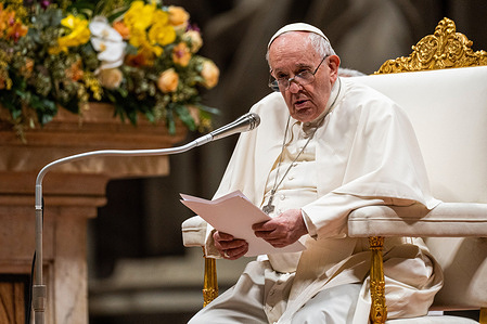 Pope Francis delivery his speech during the solemn Easter Vigil ceremony in St. Peter's Basilica in Vatican City. Christians around the world are marking the Holy Week, commemorating the crucifixion of Jesus Christ, leading up to his resurrection on Easter.