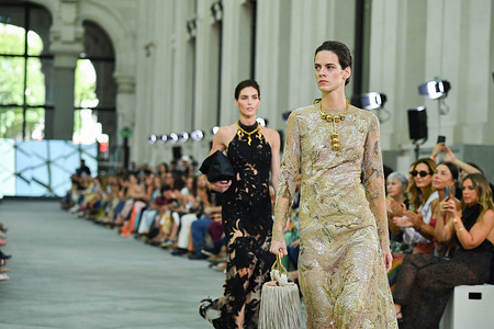 Models walk the runway wearing a design by Silvia Tcherassi during Mercedes-Benz Fashion Week de Madrid in IFERMA.