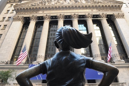 The "Fearless Girl” statue is seen in front of the New York Stock Exchange in the Financial District in Manhattan, New York City.