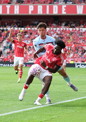 Ola Aina of Nottingham Forest and Aaron Hickey of Brentford FC seen in action during the Premier league football match between Nottingham Forest and Brentford FC at City Ground stadium. Final scores; Nottingham Forest 3 : 1 Brentford FC.