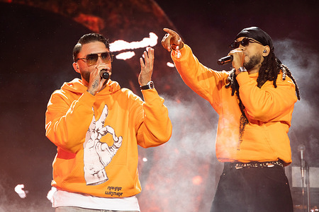 Rap stars Kian Rosenberg Larsson aka Gilli (L) and Benjamin Jacob Small Heyn Johnsen known as Benny Jamz (R) unite on Orange Stage with an exclusive show for their Kenny project at Roskilde Festival 2025. The festival is the largest of its kind in the Nordics with an expected 130,000 participants during the 7 days the festival spans. The camping area opens four days before the festival.