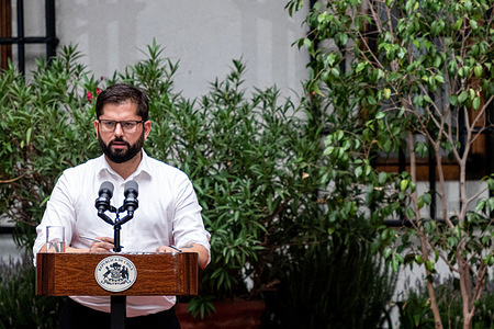 Chilean President Gabriel Boric speaks during a press conference with the International press at La Moneda Presidential Palace in Santiago. The left-leaning former student leader was sworn in as Chile's new president on Friday March 11th.