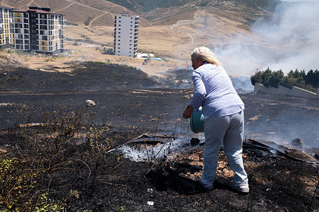 A woman pours water with a bucket to put out the fire. In Izmir, the western city of Turkey, forest fires have been out of control for days as temperatures and winds rise. Thousands of hectares of land burned around various parts of the city. Many people have been evacuated from their homes and many animals died or were injured in these fires.