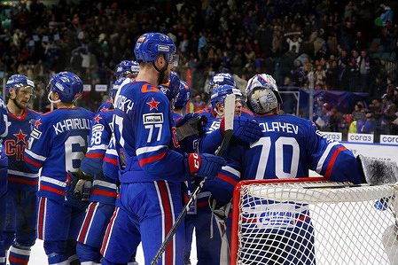 SKA Hockey Club player, Dmitry Nikolayev (No.70), Stepan Falkovsky (No.77) seen in action during the Kontinental Hockey League, regular season KHL 2022 - 2023 between SKA Saint Petersburg and Sibir Novosibirsk at the Ice Sports Palace.(Final score; SKA Saint Petersburg 1:0 Sibir Novosibirsk)