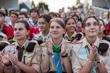 Participants wearing scout uniforms attend the opening ceremony of the Central European Jamboree. More than 1200 boy and girl scouts from 23 countries attended the Central European Jamboree in Prague. Central European Jamboree is a ten-day meeting with various activities for teenager scouts. Scouting was established 115 years ago by Robert Baden-Powell. Today it has more than 50 million members worldwide.
