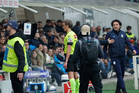 Referee Daniele Chiffi seen consulting the VAR system during the Italian Serie A soccer match between Atalanta BC and SSC Napoli at New Balance Arena. Final score; Atalanta BC 2:1 SSC Napoli
