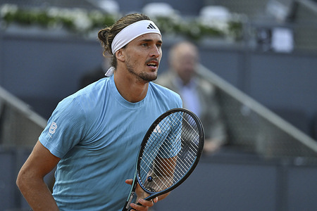 Alexander Zverev of Germany plays against Flavio Cobolli of Italy during their Men's Singles quarter-final match on day eleven of the Mutua Madrid Open at La Caja Magica