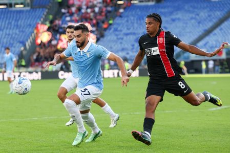 (L to R) Josip Sutalo (Defender) of Lazio and Manga Foe Ondoa (Midfielder) of AC Monza seen in action during the Italian Serie A- Enilive Championship 2026-2027 of the football match between SS Lazio and AC Monza at Olympic Stadium. Final score : Lazio 3-1 Monza