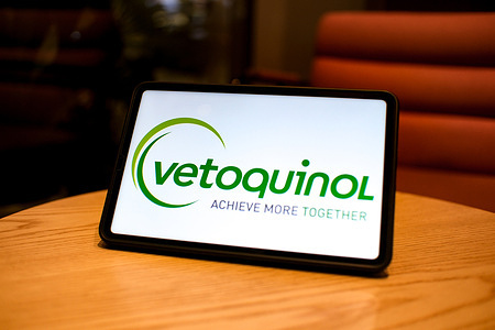 In this photo illustration, the Vetoquinol logo is displayed on the screen of a tablet.
