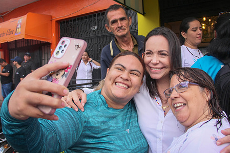 Opposition leader Maria Corina Machado poses for a photo with her supporters during the campaign rally. Opposition leader María Corina Machado started her campaign for the primary elections with a political tour in the western Venezuelan border area. Venezuela's Presidential elections are scheduled to be held in 2024.
