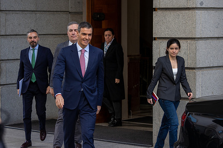 Pedro Sánchez, the Spanish Prime Minister, attends the plenary session of the Congress of Deputies and answers questions during the parliamentary session for government oversight.