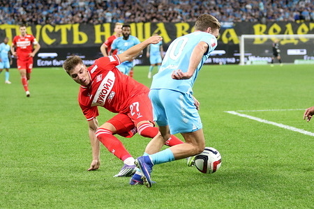 Maksim Glushenkov (10) of Zenit, and Igor Dmitriev (27) of Spartak seen in action during the 1/2 finals, Stage 2 (The Path of Regions) of the Russian Cup football match between Zenit Saint Petersburg and Spartak Moscow at Gazprom Arena. Final score; Zenit 0:0 (penalty shootout, 6:7) Spartak.