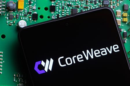 In this photo illustration, the CoreWeave (Core Weave) logo is seen displayed on a smartphone screen.