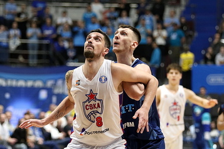 Andrey Martyuk of Zenit Saint Petersburg and Anton Astapkovich of CSKA Moscow seen during Regular Season VTB United League basketball match between Zenit Saint Petersburg and CSKA Moscow at ksk Arena. Final score; Zenit Zenit Saint Petersburg 74:83 CSKA Moscow.